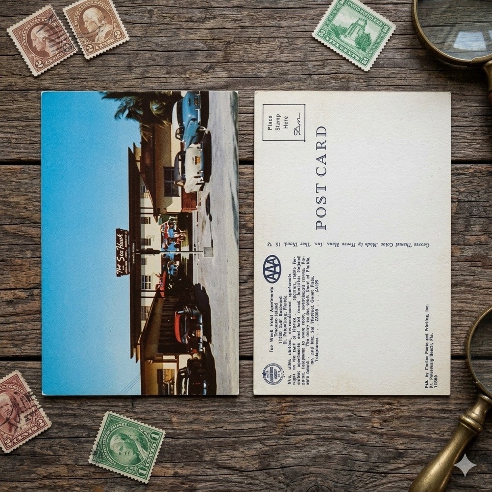 Vintage Sea Hawk Hotel Apartments Postcard Treasure Island St Petersburg Florida